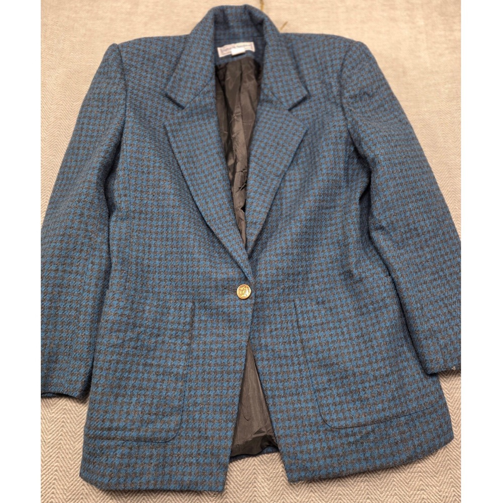 Norton McNaughton Vintage Blue Houndstooth Wool Blend Blazer Jacket Size 8
